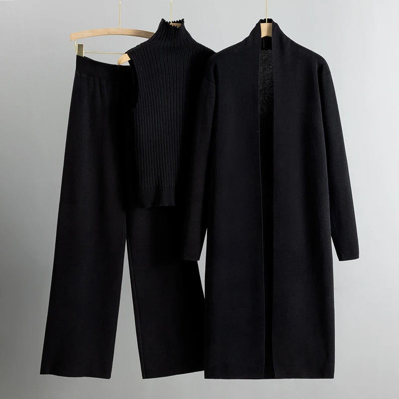 Women’s Three-Piece Knitted Set – Sleeveless Ribbed Jumper, Longline Cardigan and Wide-Leg Trousers