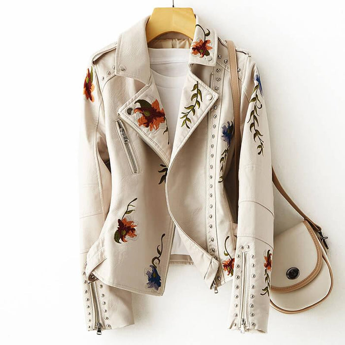 Women's Faux Leather Biker Jacket - Floral Embroidered with Stud Trim and Zip Front