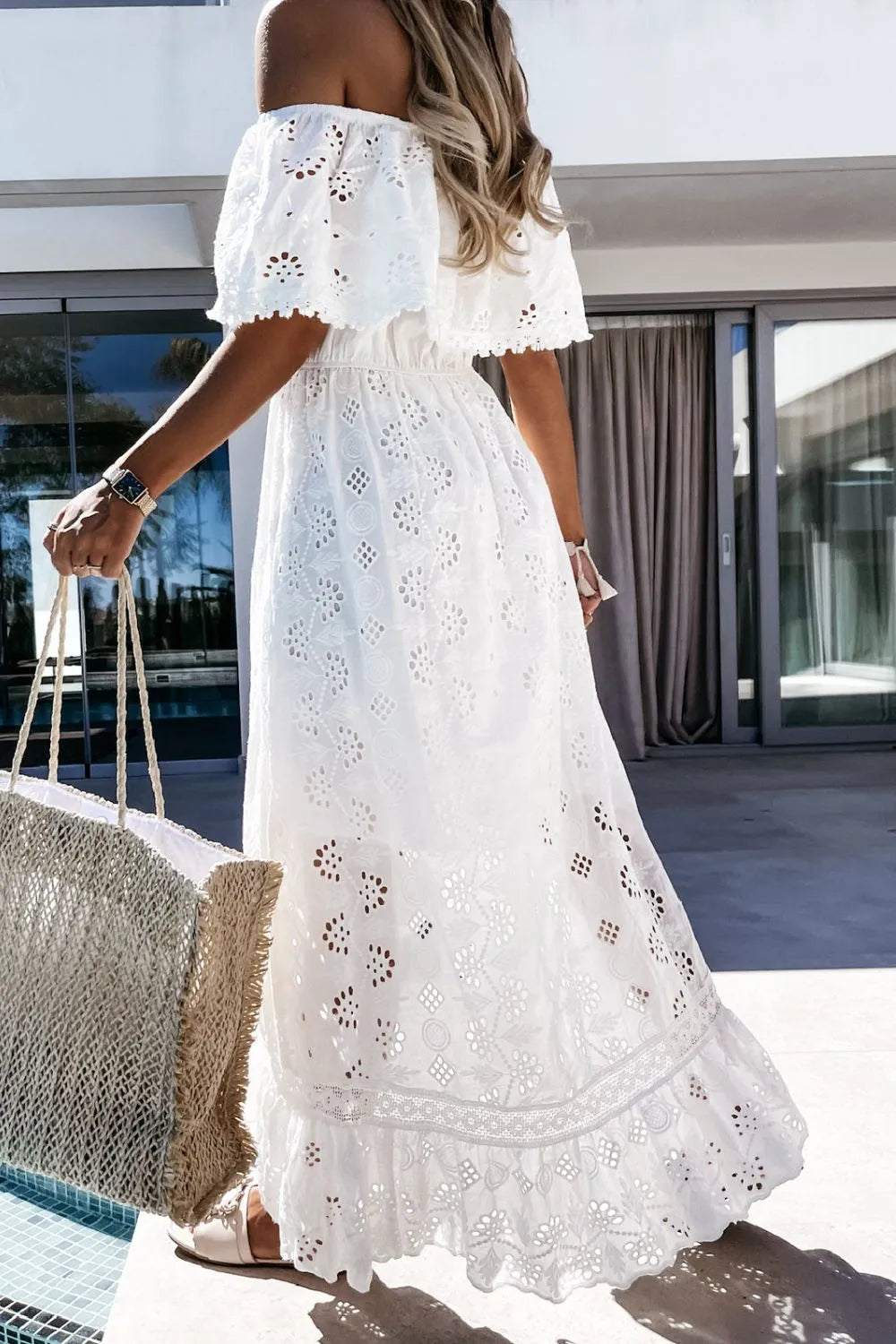 Women's White Maxi Dress - Off Shoulder Eyelet Ruffle Hem