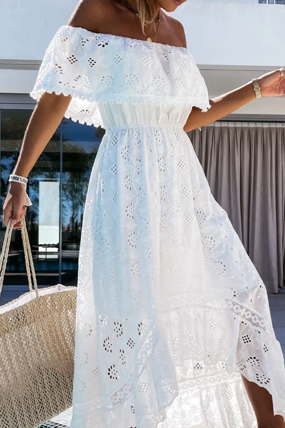 Women's White Maxi Dress - Off Shoulder Eyelet Ruffle Hem