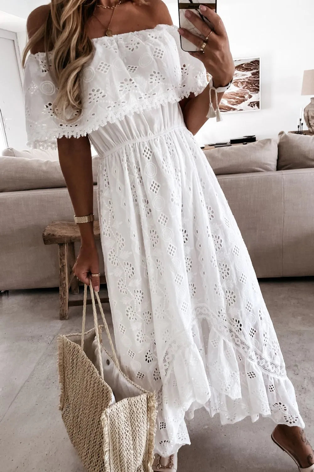 Women's White Maxi Dress - Off Shoulder Eyelet Ruffle Hem