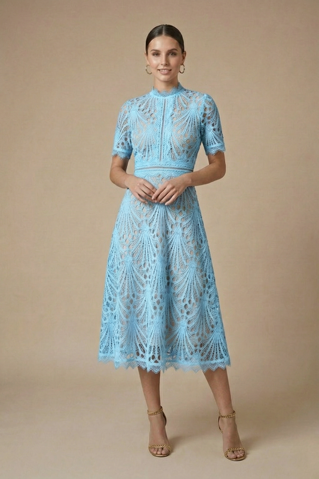 Women's Lace Midi Dress - High Neck Short Sleeve A-Line Cutwork