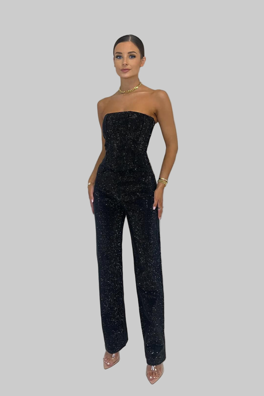 Women's Strapless Denim Two Piece Set - Glitter Detail - Wide Leg