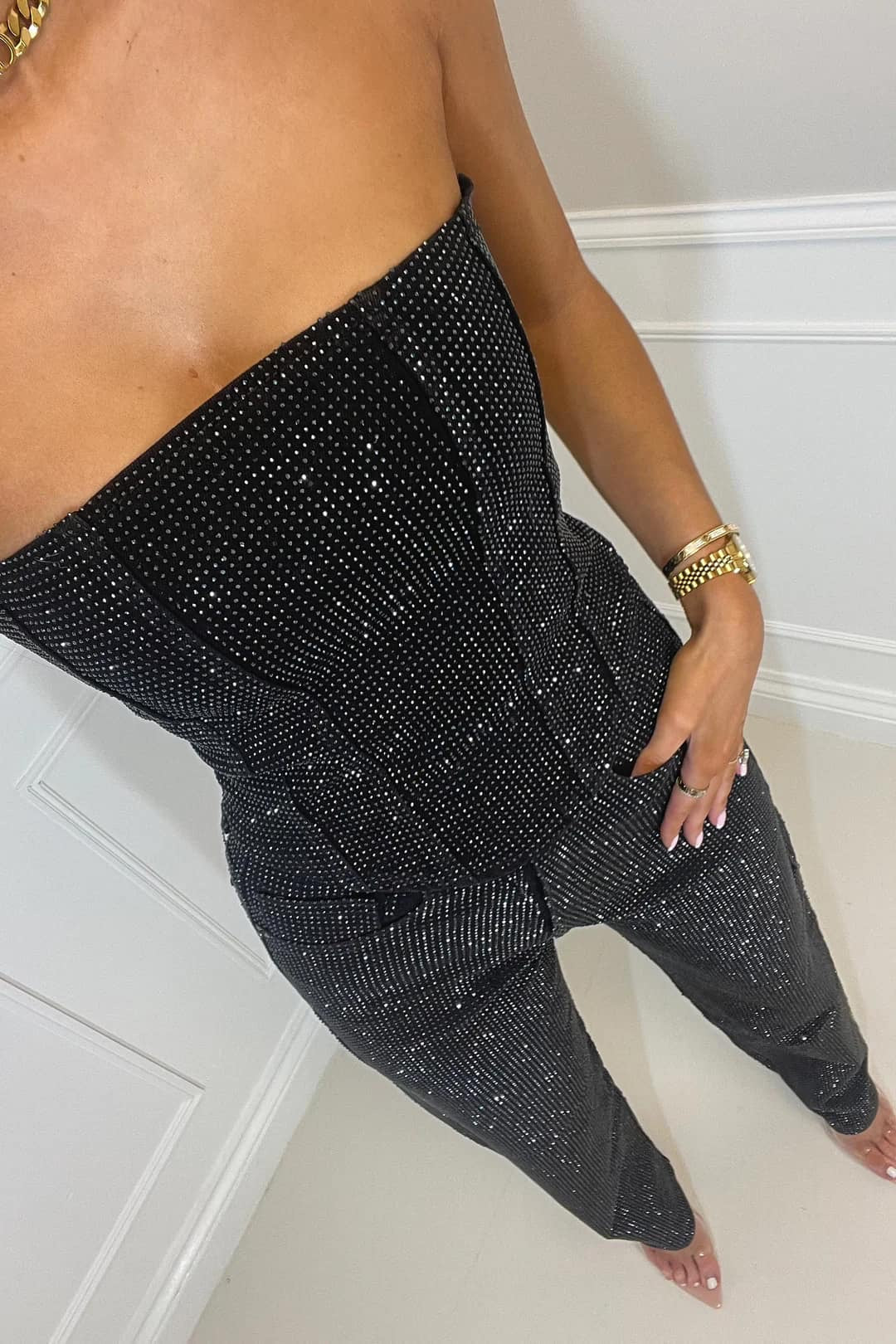 Women's Strapless Denim Two Piece Set - Glitter Detail - Wide Leg
