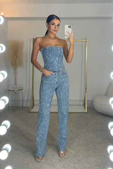 Women's Strapless Denim Two Piece Set - Glitter Detail - Wide Leg