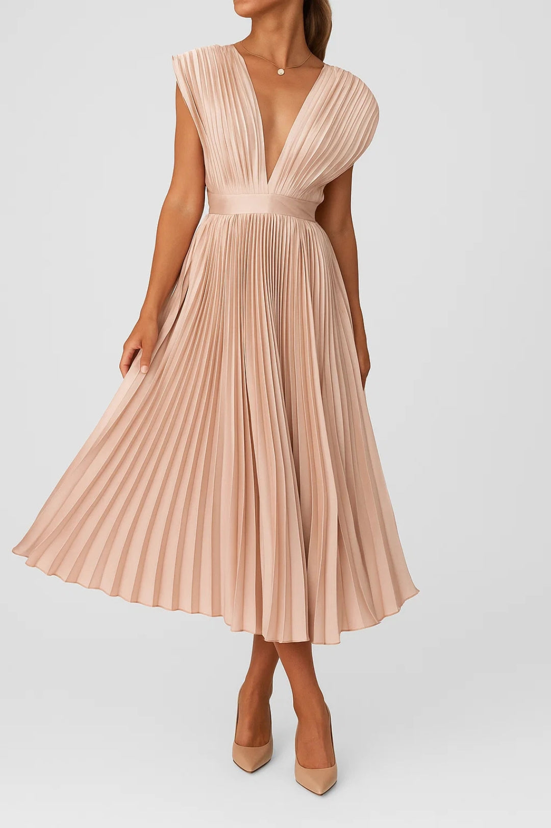 Women's Pleated Midi Dress - Deep V-Neck Sleeveless A-Line Skirt