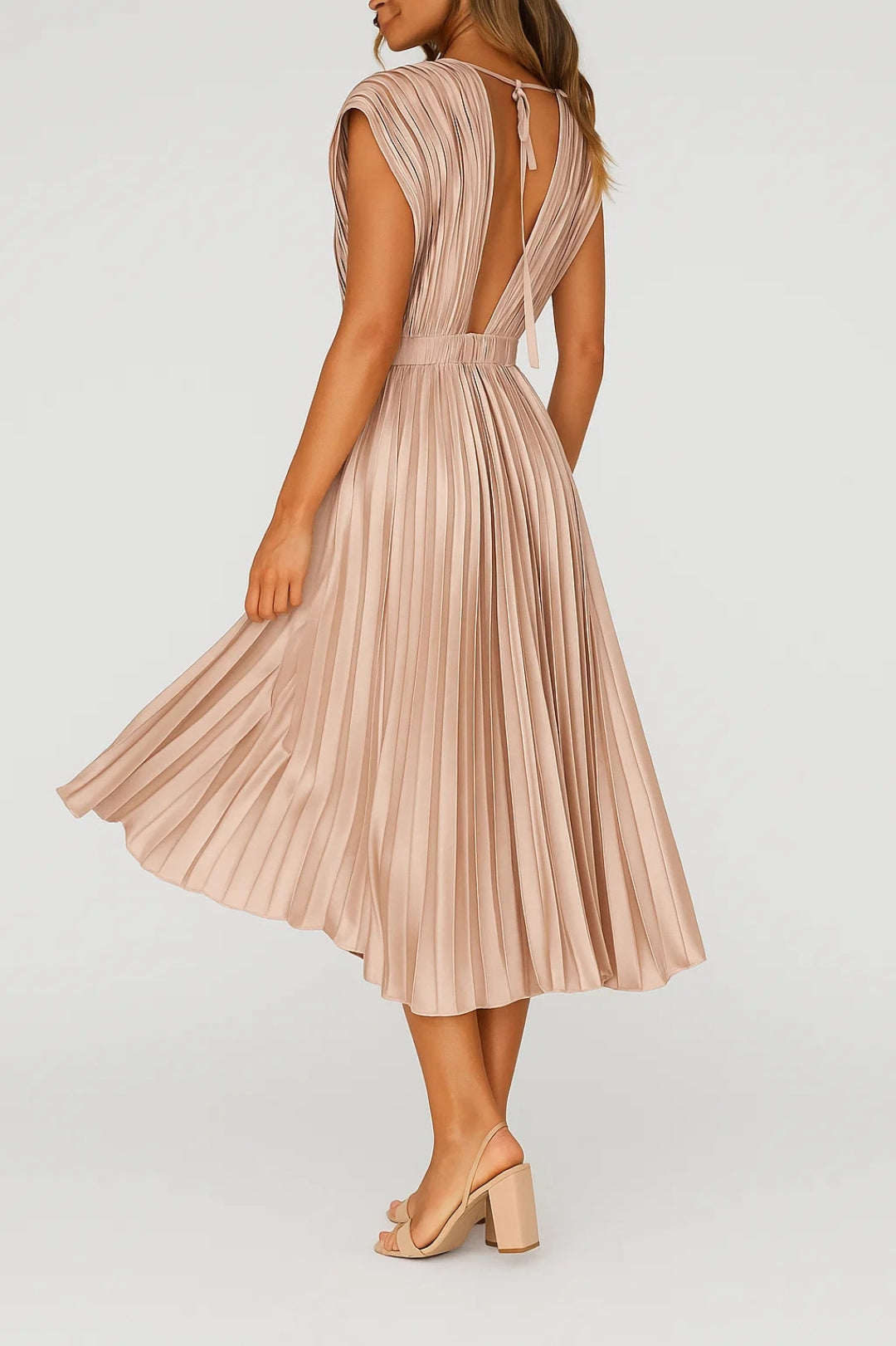Women's Pleated Midi Dress - Deep V-Neck Sleeveless A-Line Skirt