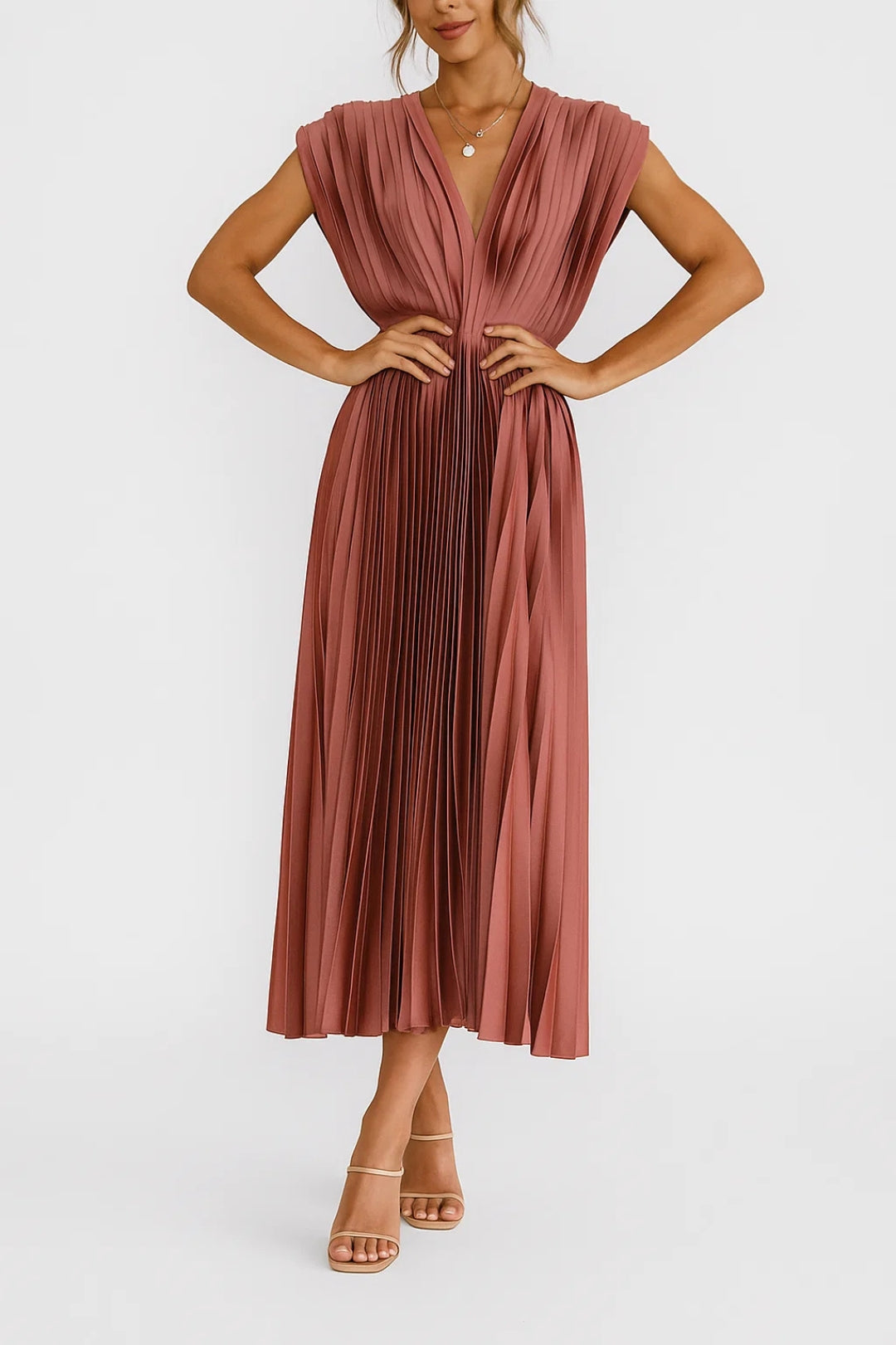 Women's Pleated Midi Dress - Deep V-Neck Sleeveless A-Line Skirt