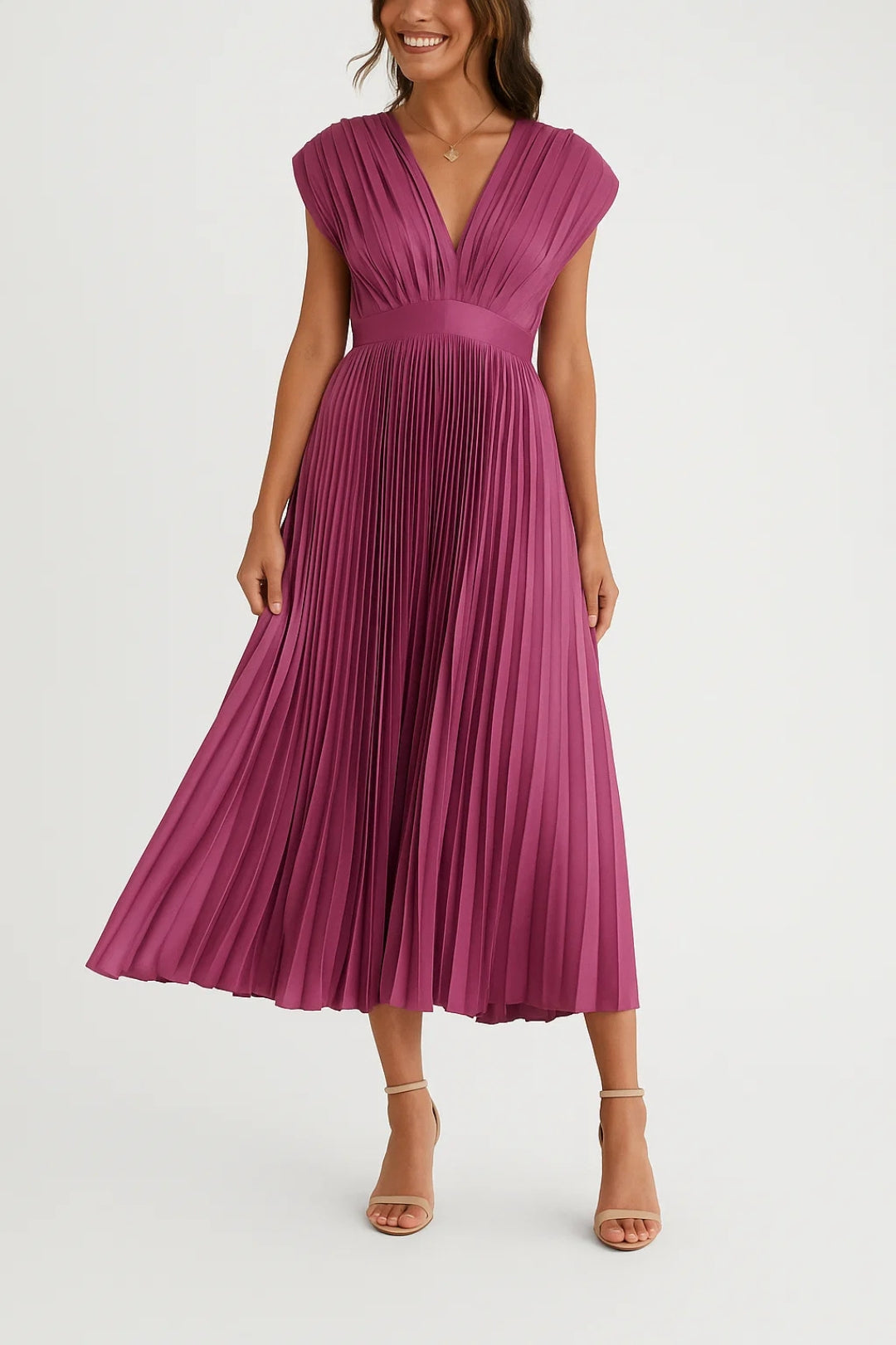 Women's Pleated Midi Dress - Deep V-Neck Sleeveless A-Line Skirt