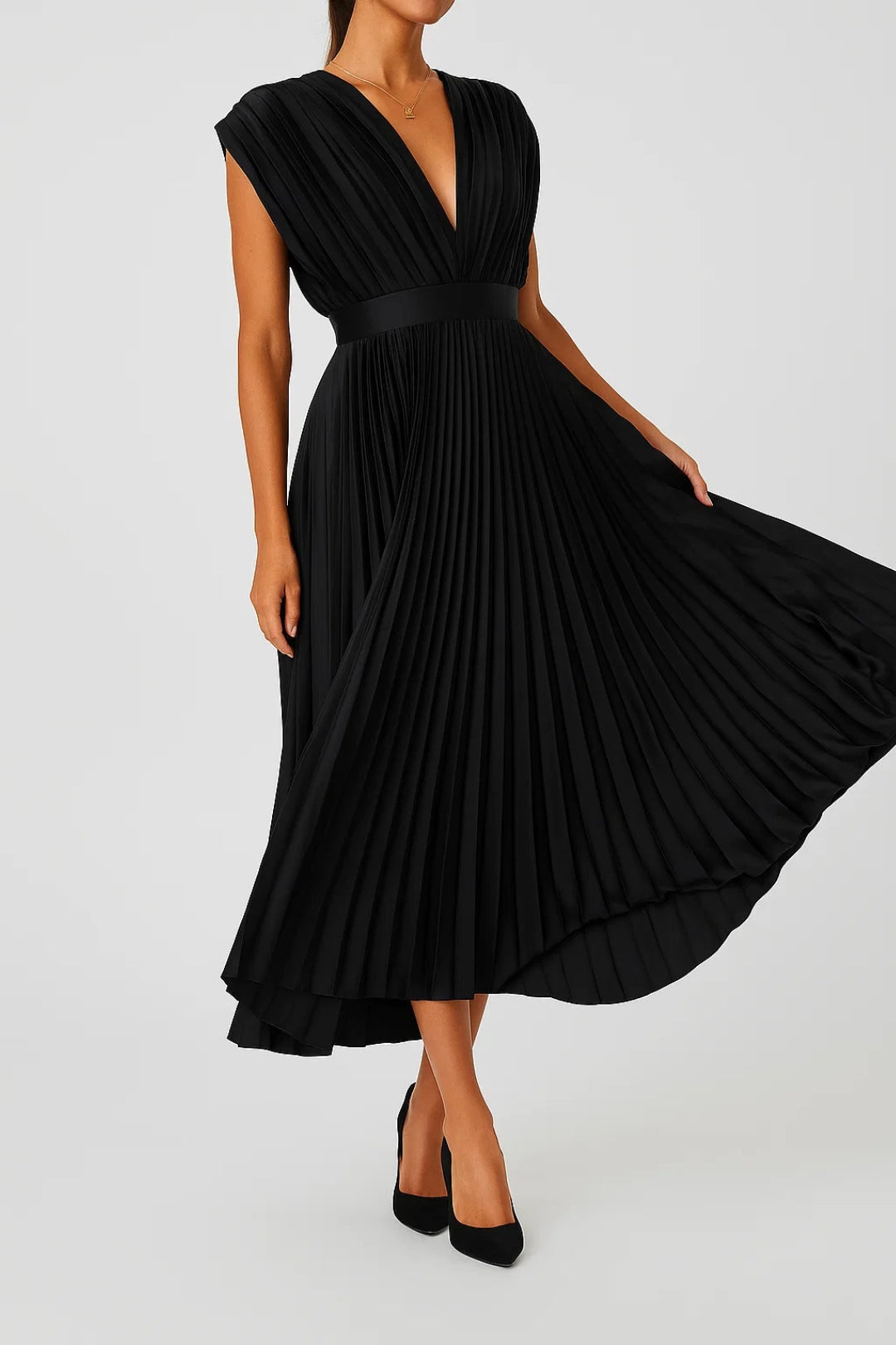 Women's Pleated Midi Dress - Deep V-Neck Sleeveless A-Line Skirt