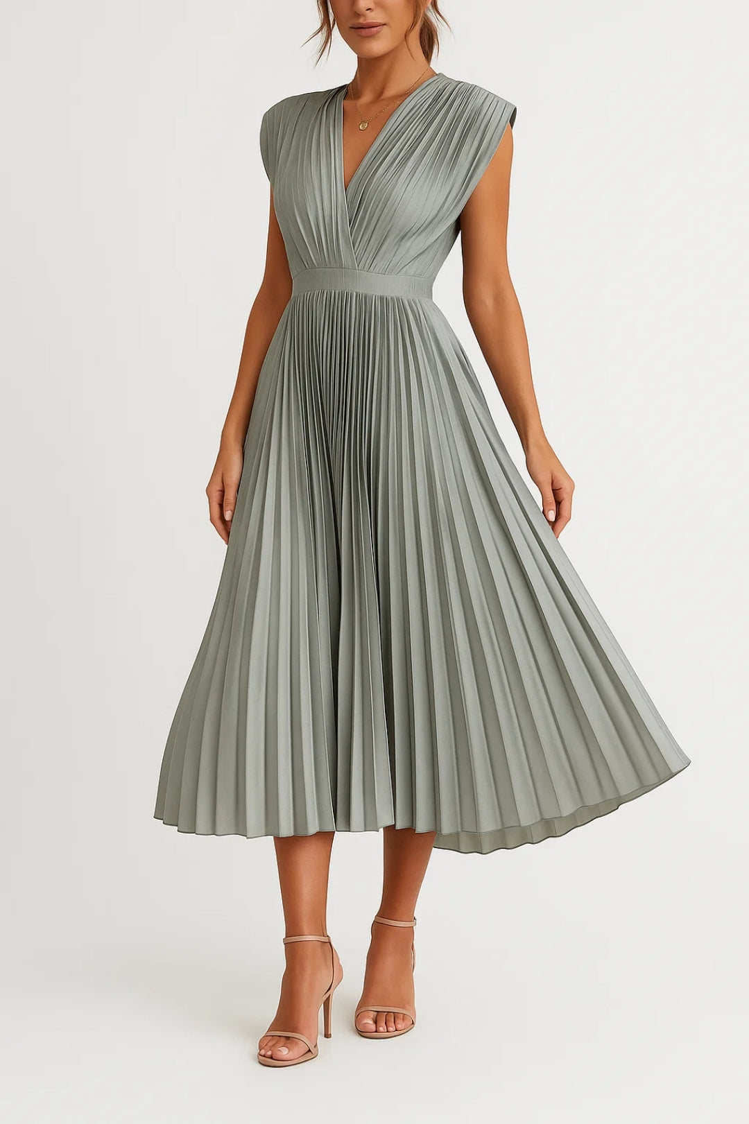 Women's Pleated Midi Dress - Deep V-Neck Sleeveless A-Line Skirt