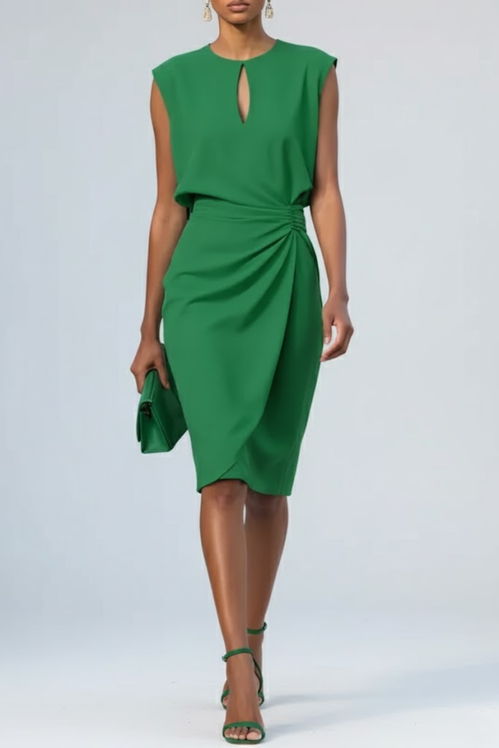 Women's Midi Dress - Keyhole Neck Sleeveless Ruched Waist