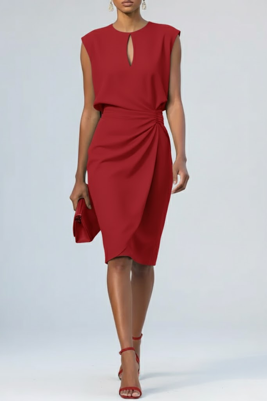 Women's Midi Dress - Keyhole Neck Sleeveless Ruched Waist