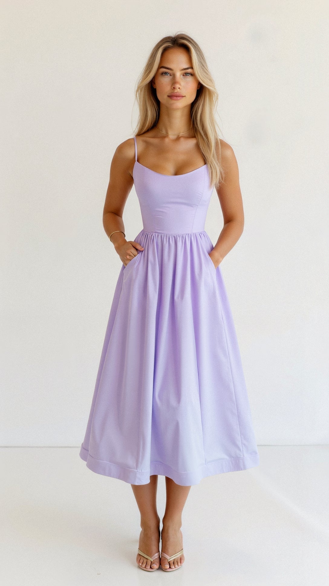 Women’s A Line Midi Dress with Spaghetti Straps