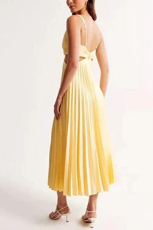 Women’s Pleated Midi Dress – Elegant V-Neck Design