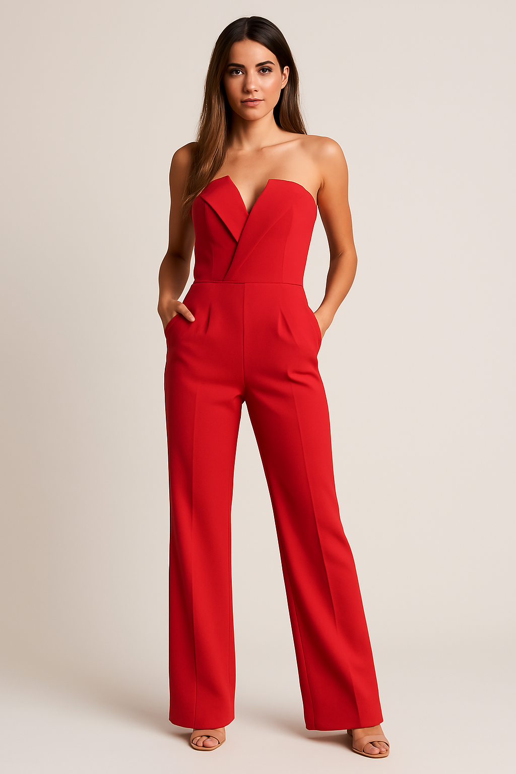 Women's Jumpsuit - Strapless V-Neck Wide Leg Tailored
