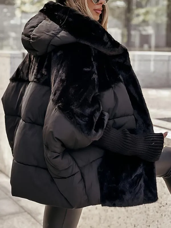 Women's Faux Fur Puffer Jacket - Oversized Hooded Zip-Up with Quilted Panel