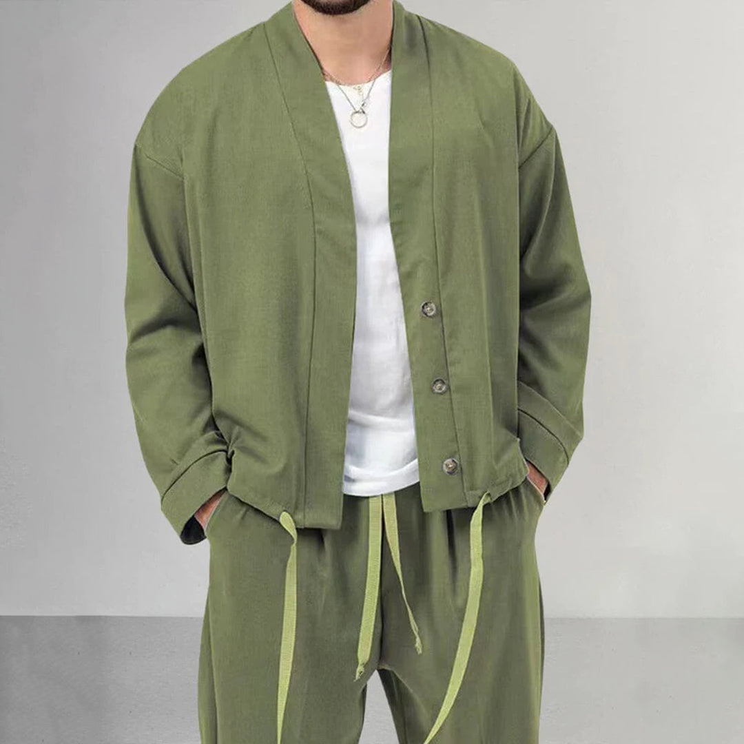 Men's Two Piece Set - Button-Up Jacket and Drawstring Pants