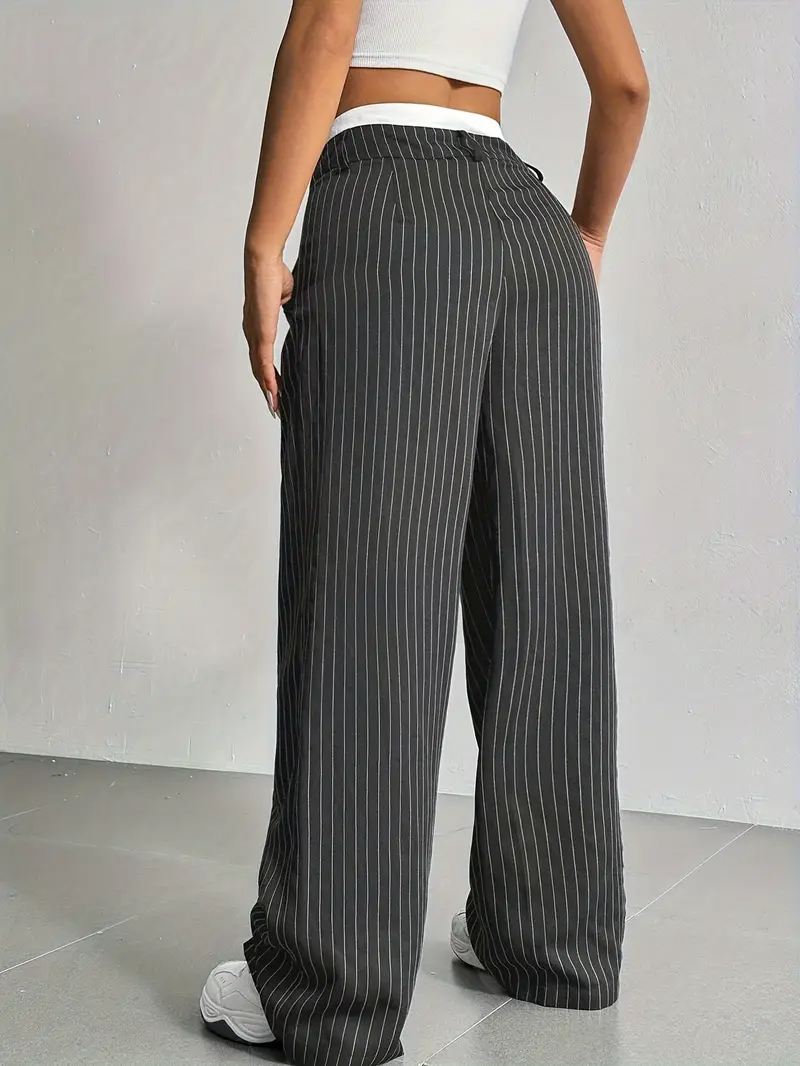 Women's Wide Leg Pinstripe Pants - High Waist - Contrast Waistband