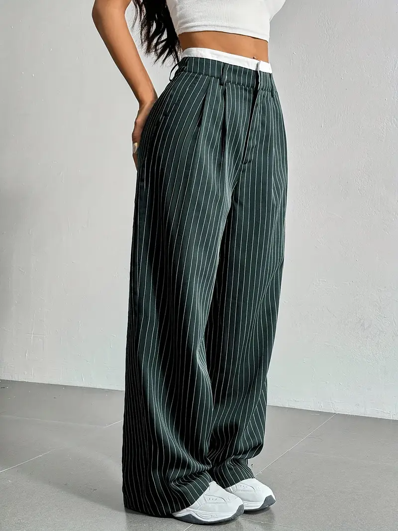 Women's Wide Leg Pinstripe Pants - High Waist - Contrast Waistband