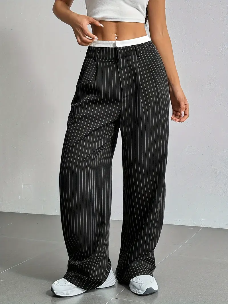 Women's Wide Leg Pinstripe Pants - High Waist - Contrast Waistband