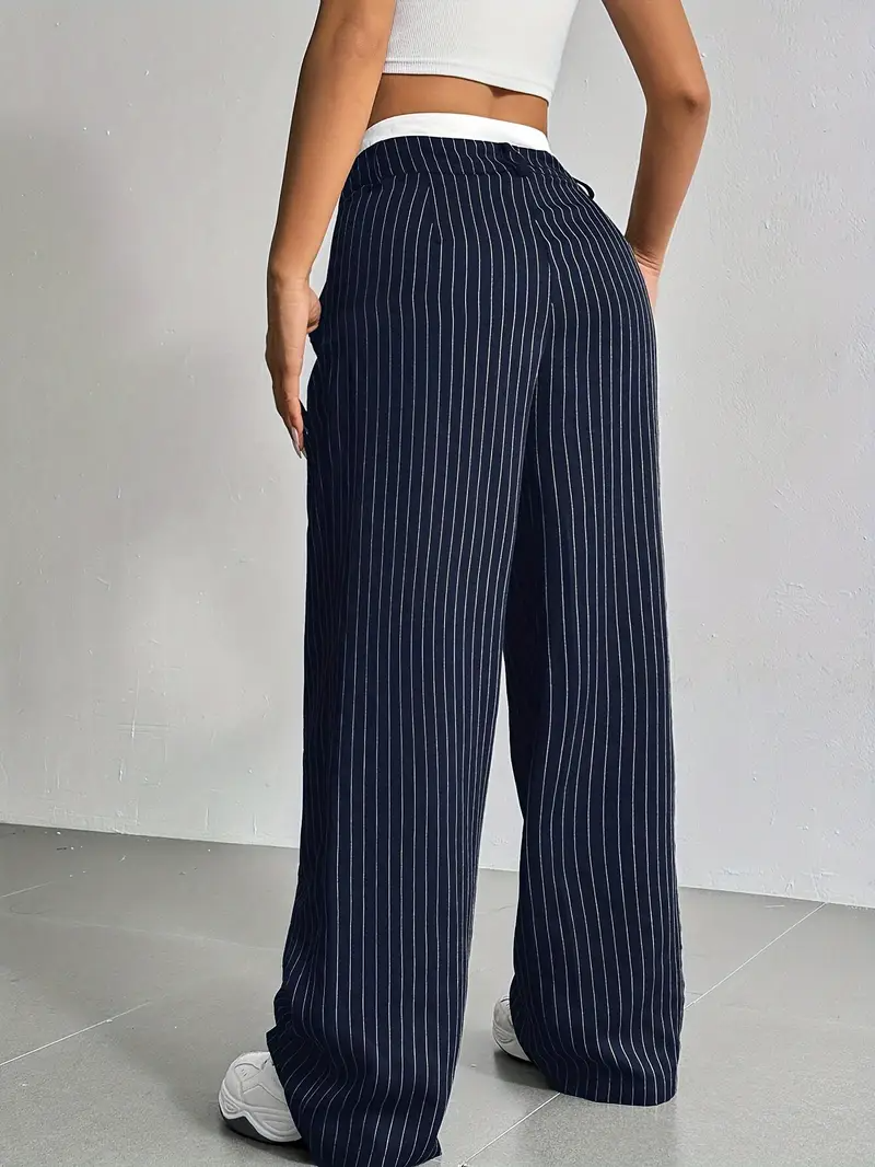 Women's Wide Leg Pinstripe Pants - High Waist - Contrast Waistband