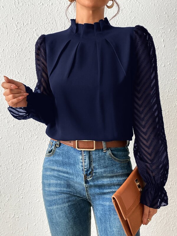 Women’s High Neck Blouse with Pleated Front and Sheer Patterned Sleeves