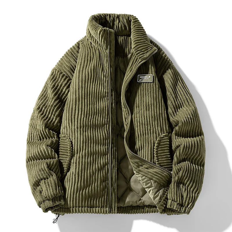 Men's Corduroy Puffer Jacket - Stand Collar - Full Zip - Padded