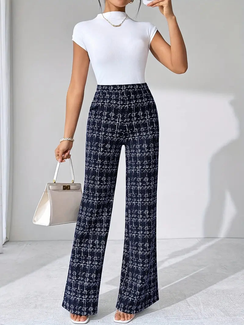 Women's Plaid Wide Leg Pants - High Waist Full Length Pull On