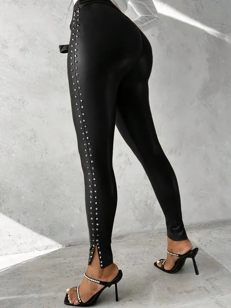 Women's High Waist Studded Pants - Skinny Leg Front Tie Detail