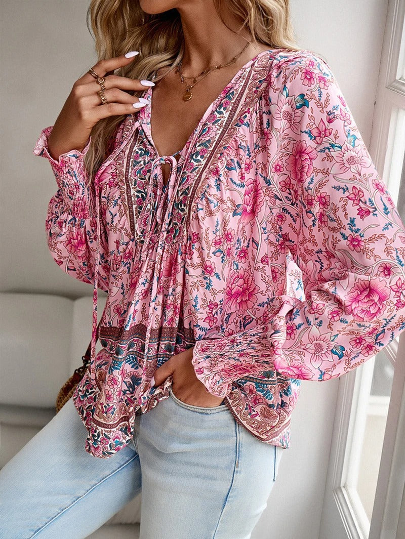 Women's Floral Blouse - V-Neck Tie Front Long Sleeve - Boho Print