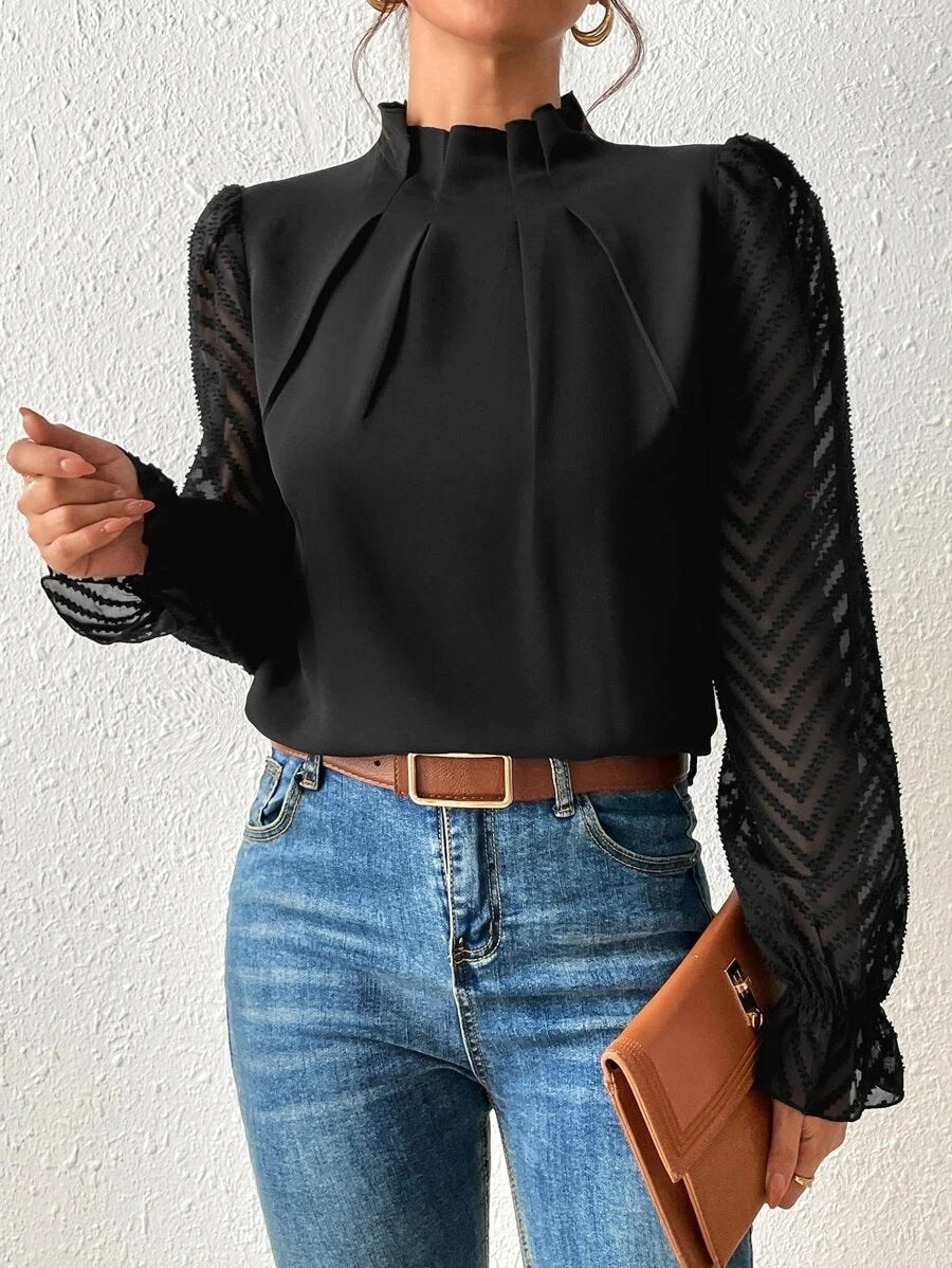 Women’s High Neck Blouse with Pleated Front and Sheer Patterned Sleeves