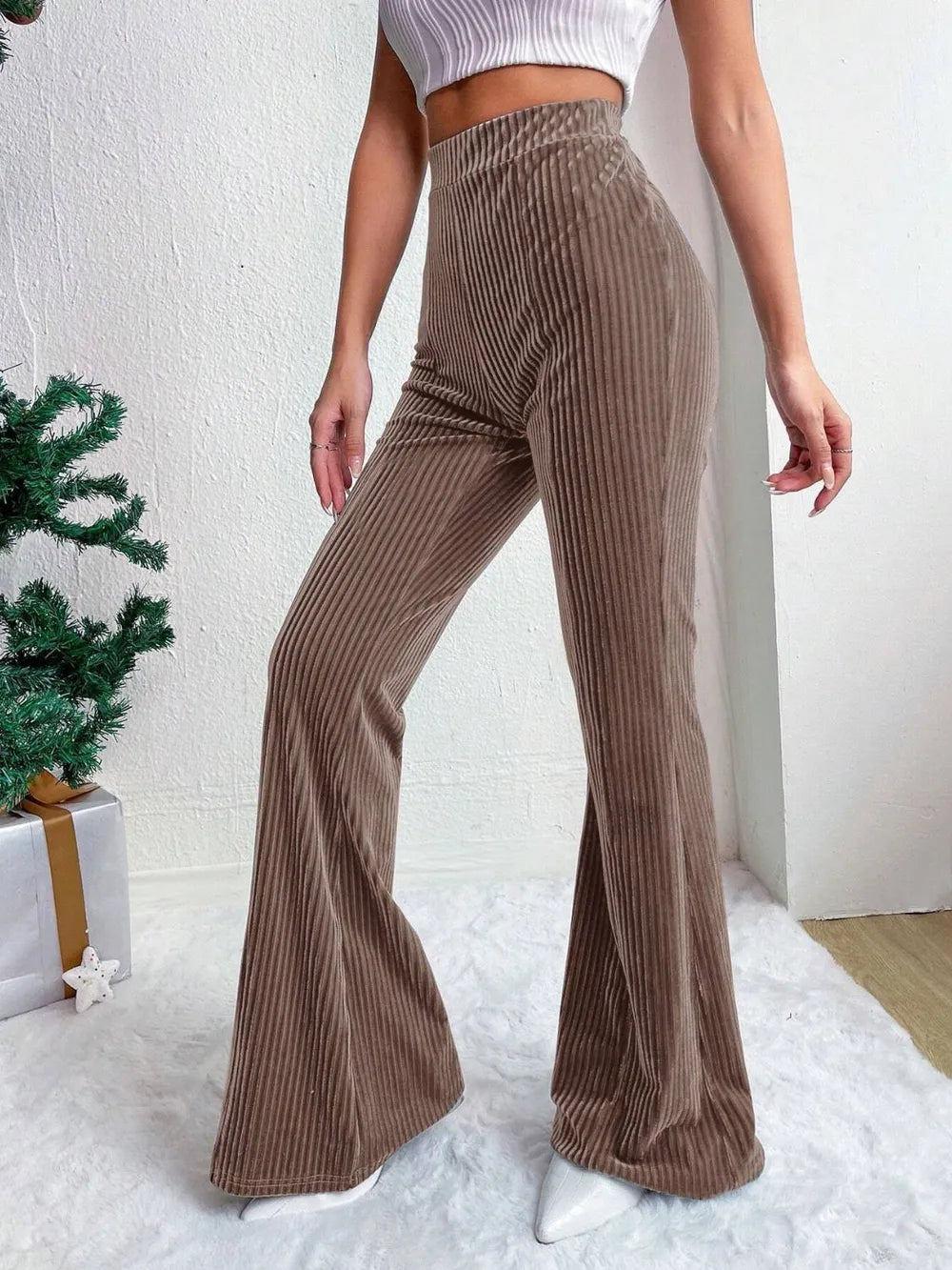 Women's Wide Leg Pants - High Waist Elasticated Ribbed Flare with Plain Hem