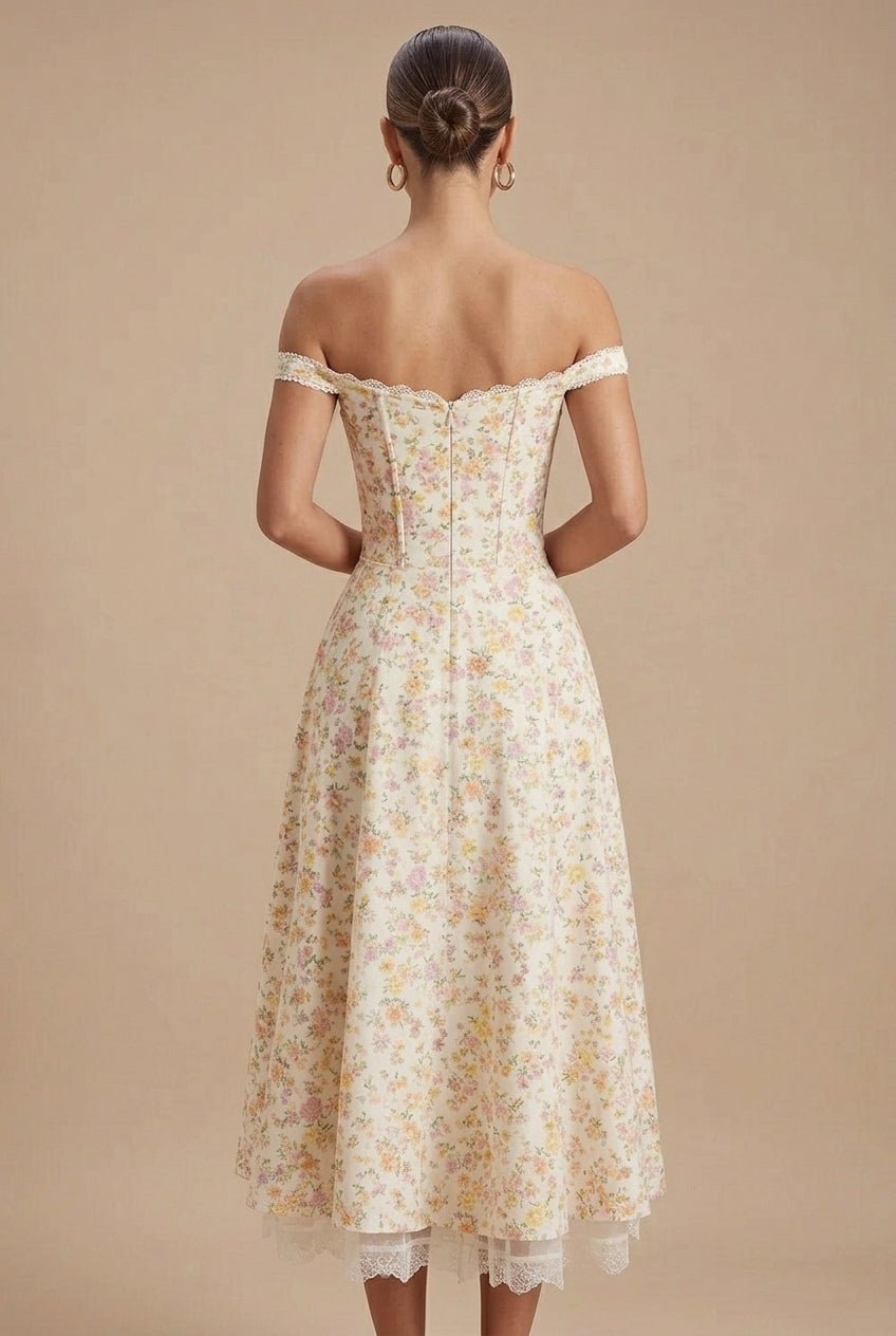Women's Floral Corset Midi Dress - Off Shoulder - Lace Hem