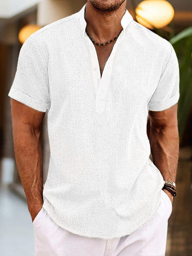 Men’s Short Sleeve Henley Shirt with Stand Collar and Button Placket