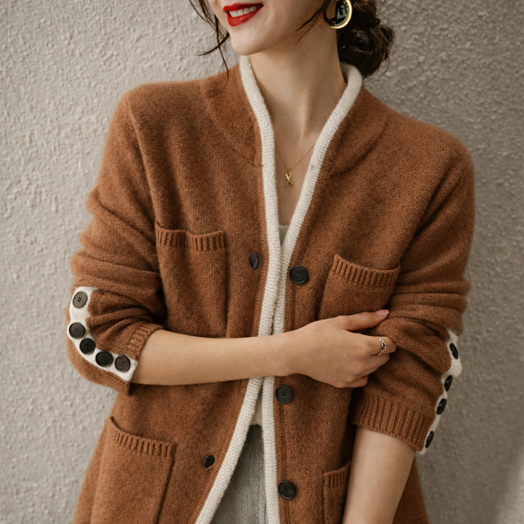 Women’s Button Front Cardigan – Long Sleeve Knit Sweater Coat with Contrast Trim and Patch Pockets