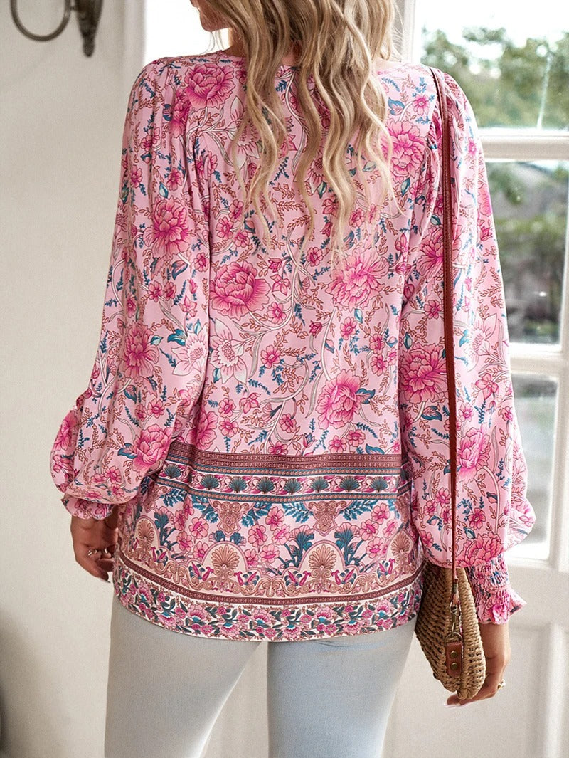 Women's Floral Blouse - V-Neck Tie Front Long Sleeve - Boho Print