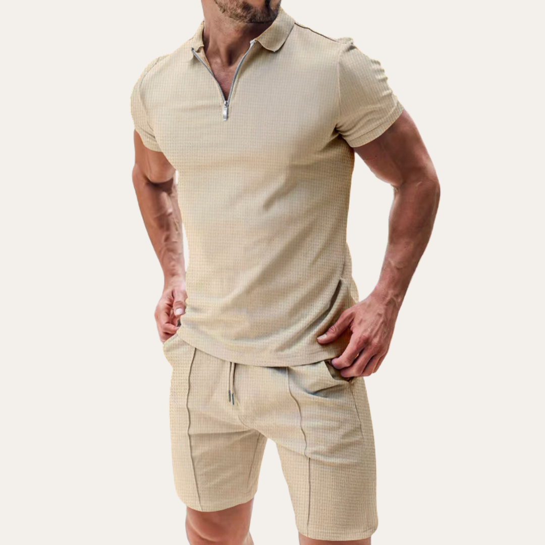 Men's Two Piece Waffle Knit Set - Short Sleeve Zip Polo - Drawstring Shorts