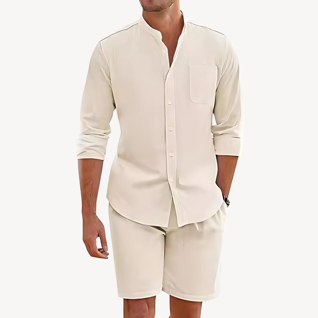 Men's Long Sleeve Band Collar Shirt - Drawstring Shorts Set