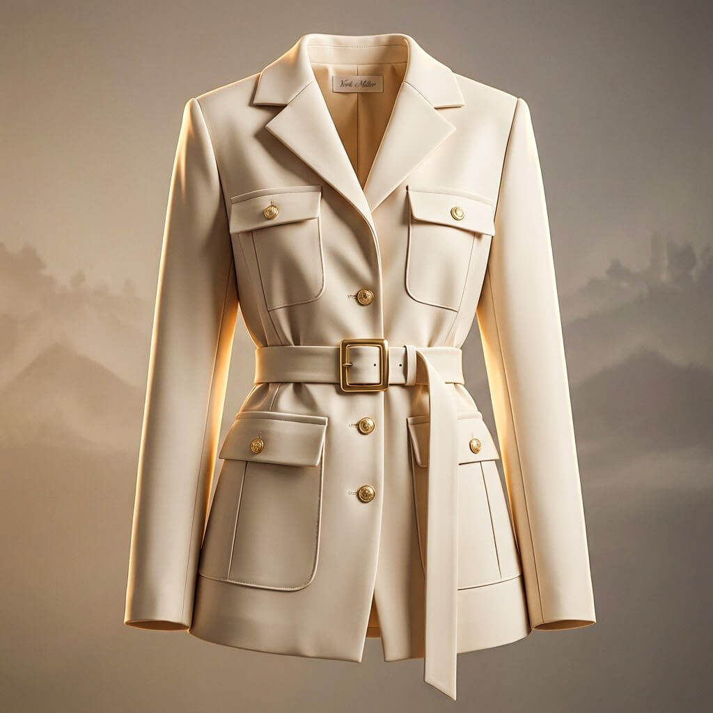Women's Blazer - Single Breasted Belted Jacket with Gold Button Detail and Patch Pockets