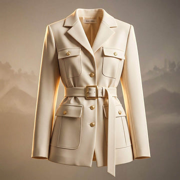 Women's Blazer - Single Breasted Belted Jacket with Gold Button Detail and Patch Pockets