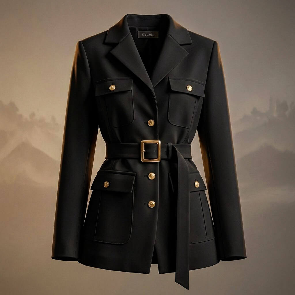 Women's Blazer - Single Breasted Belted Jacket with Gold Button Detail and Patch Pockets