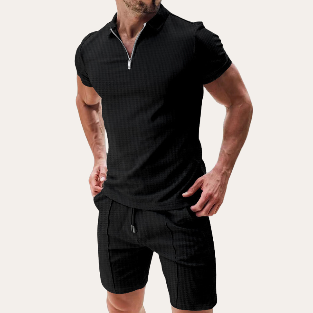 Men's Two Piece Waffle Knit Set - Short Sleeve Zip Polo - Drawstring Shorts