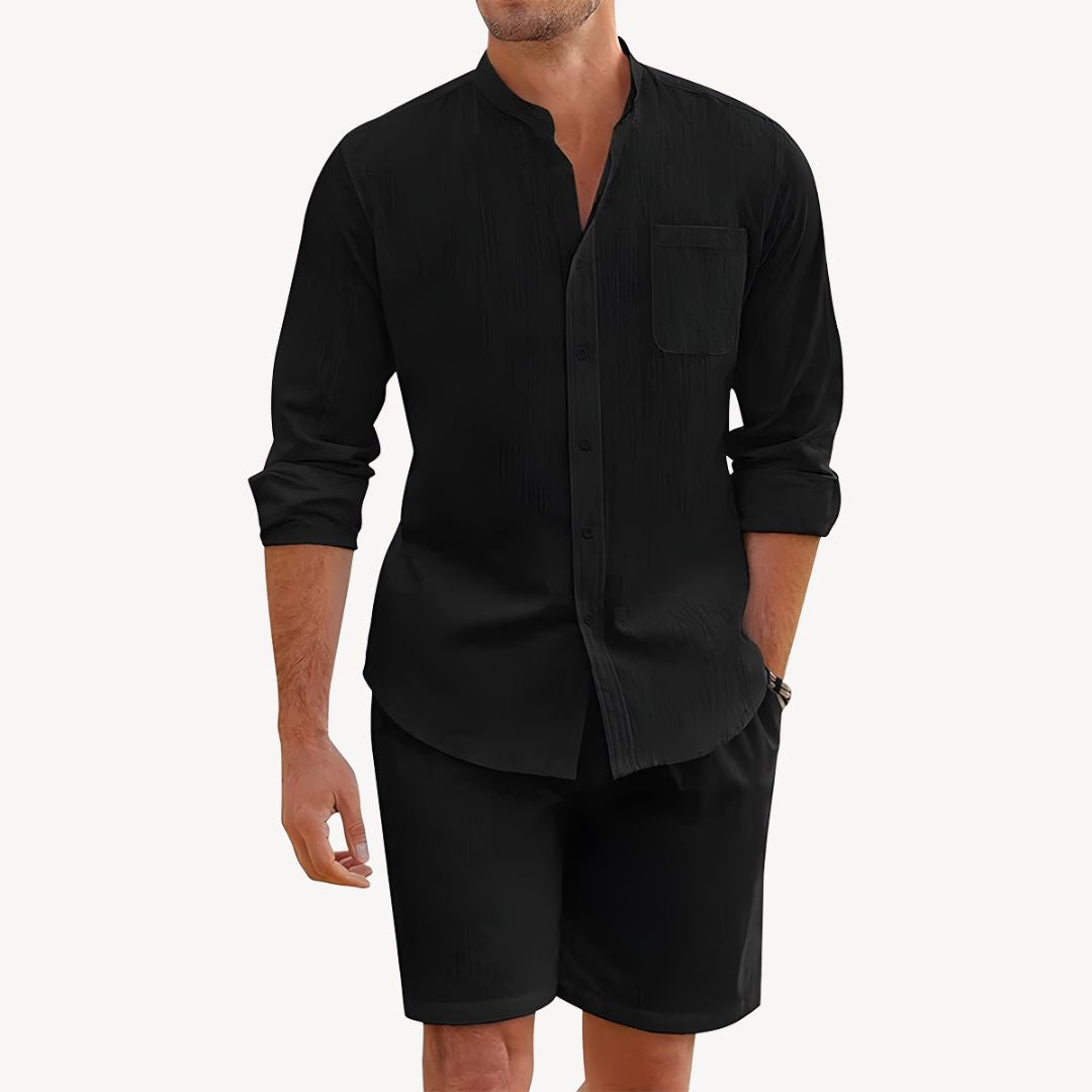 Men's Long Sleeve Band Collar Shirt - Drawstring Shorts Set