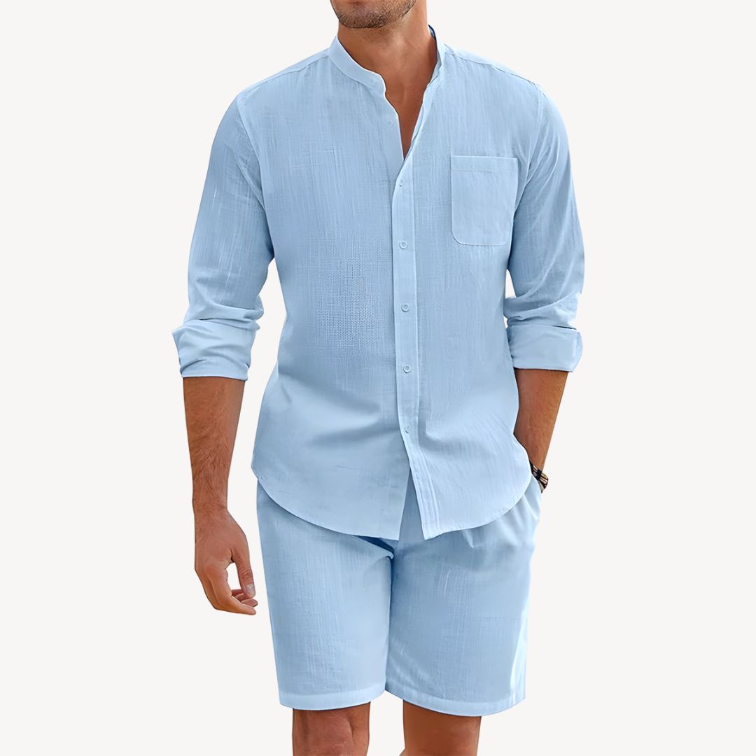 Men's Long Sleeve Band Collar Shirt - Drawstring Shorts Set
