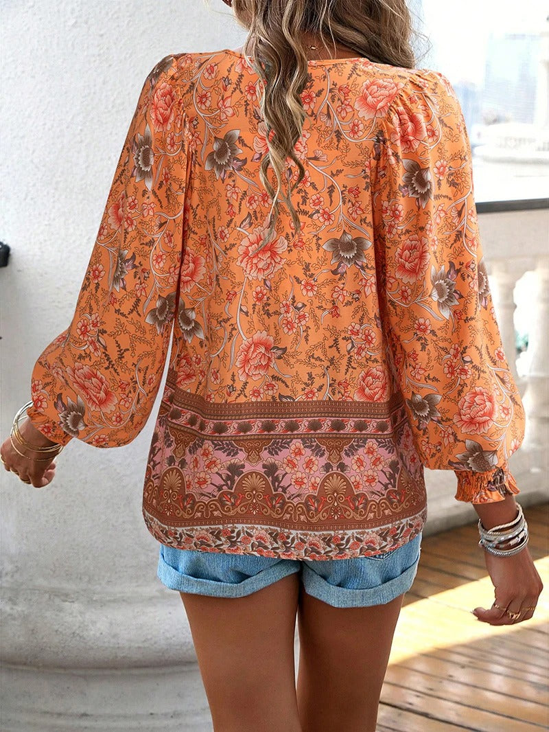 Women's Floral Blouse - V-Neck Tie Front Long Sleeve - Boho Print