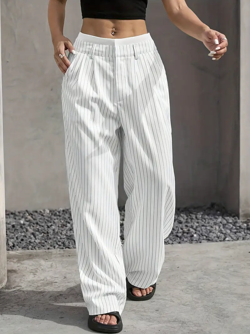 Women's Wide Leg Pinstripe Pants - High Waist - Contrast Waistband