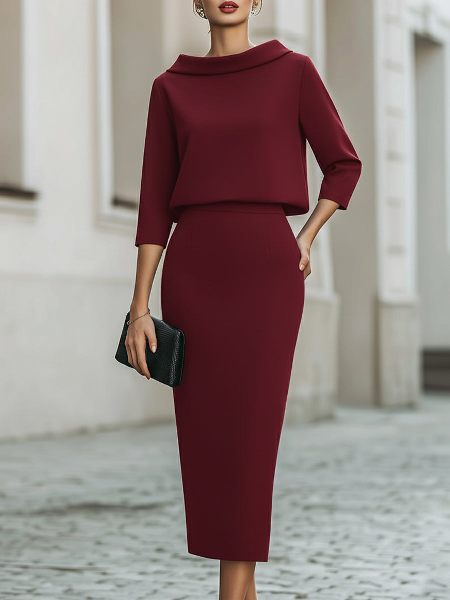 Women's Two Piece Skirt Set - Boat Neck Crop Top and Bodycon Midi Skirt - Three-Quarter Sleeves