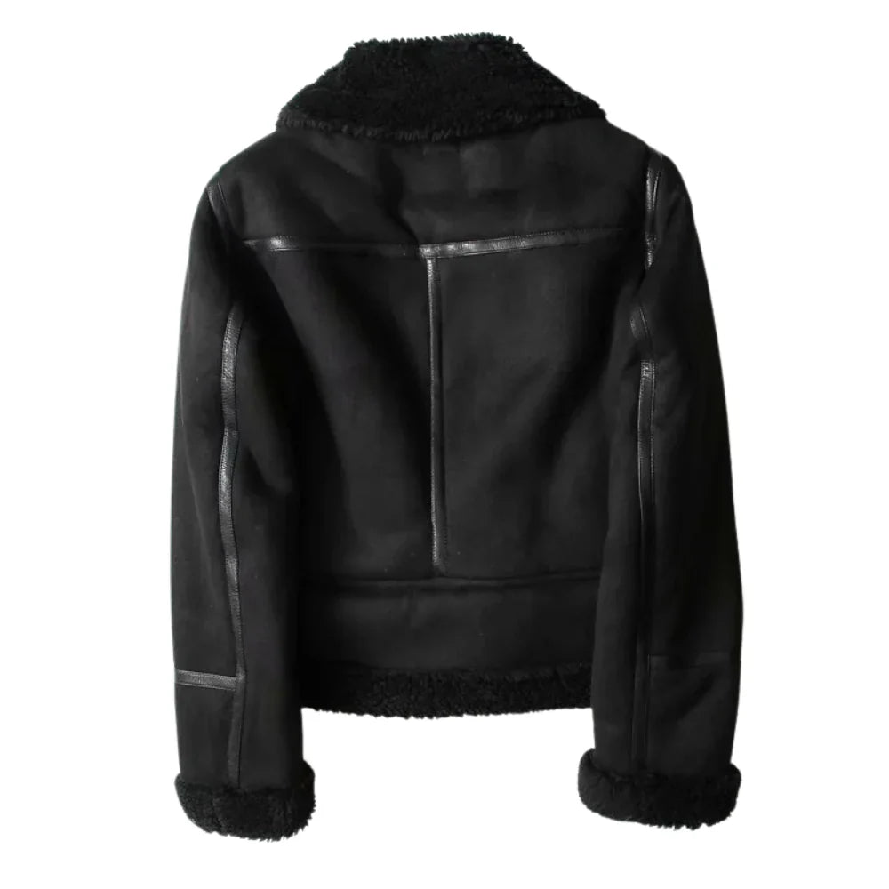Women's Biker Jacket - Sherpa Lined with Asymmetric Zip - Lapel Collar and Waist Belt