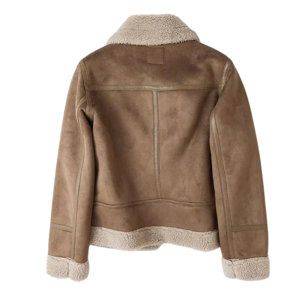 Women's Biker Jacket - Sherpa Lined with Asymmetric Zip - Lapel Collar and Waist Belt